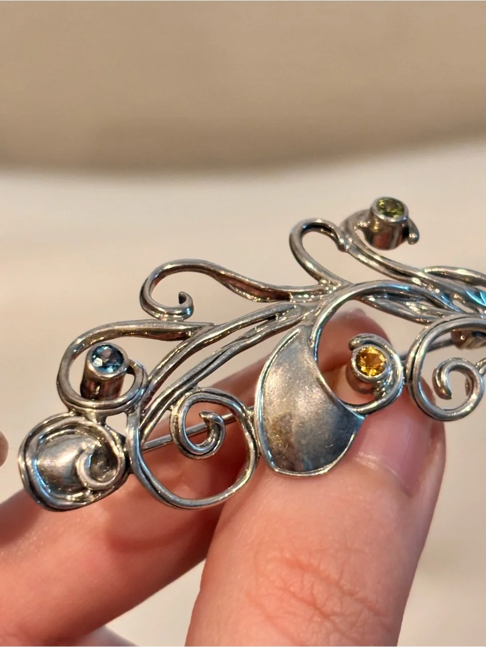 Vintage Designer 925 Sterling Silver & Precious Gemstone Embellished Brooch